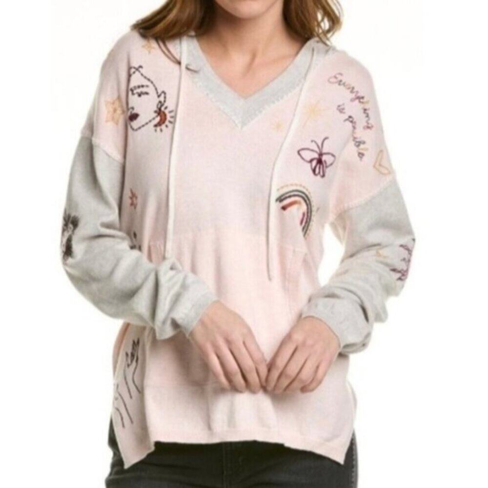 JOHNNY WAS | Pink And Grey Embroidered V-Neck Drawstring Hoodie Whimsical S